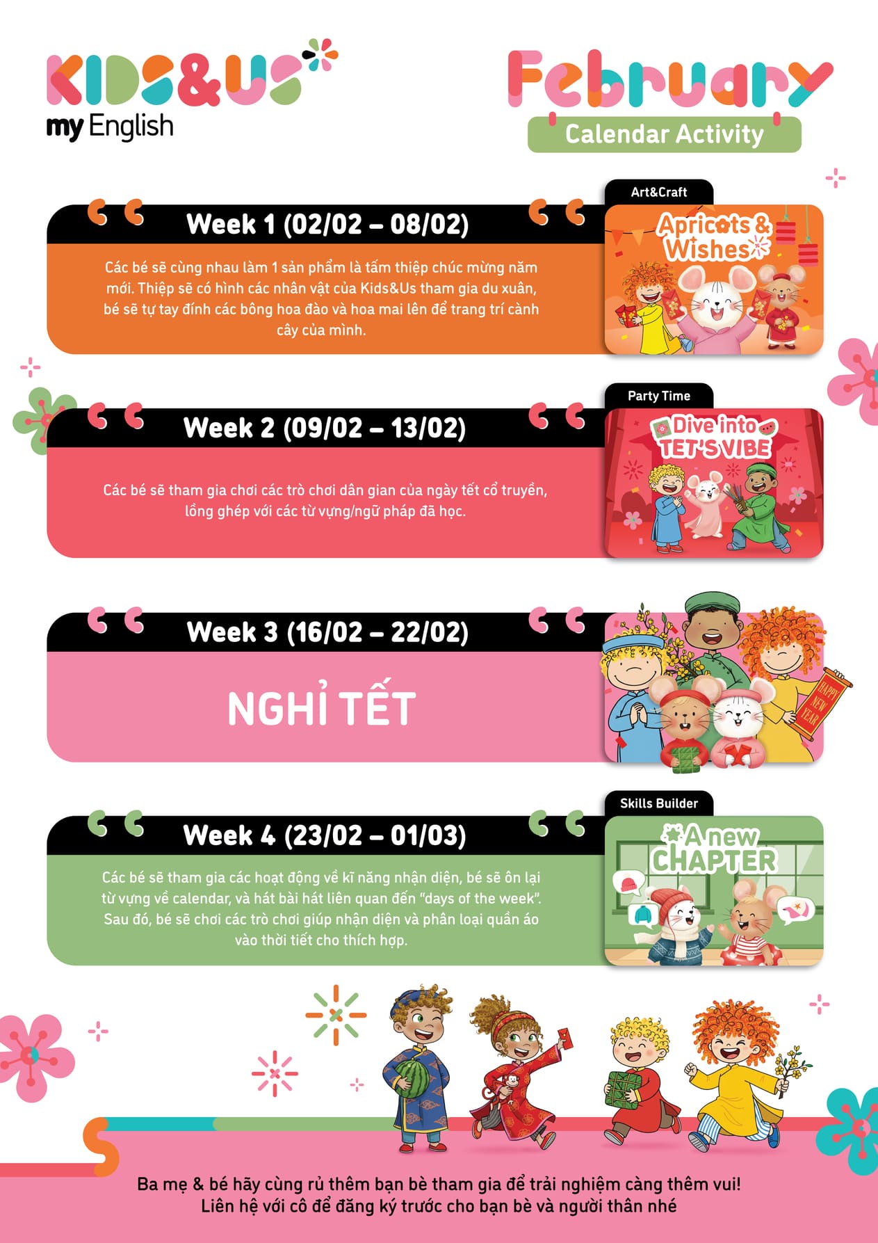 chủ đề các hoạt động tiếng anh tháng 2/2026 tại Kids&Us