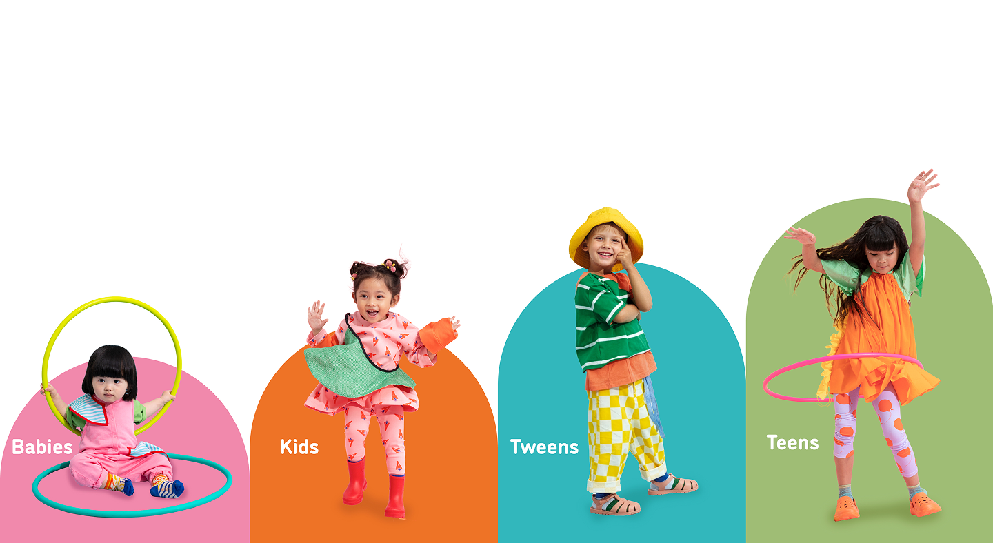 Bốn nhóm học viên Kids&Us theo độ tuổi: Babies, Kids, Tweens, Teens