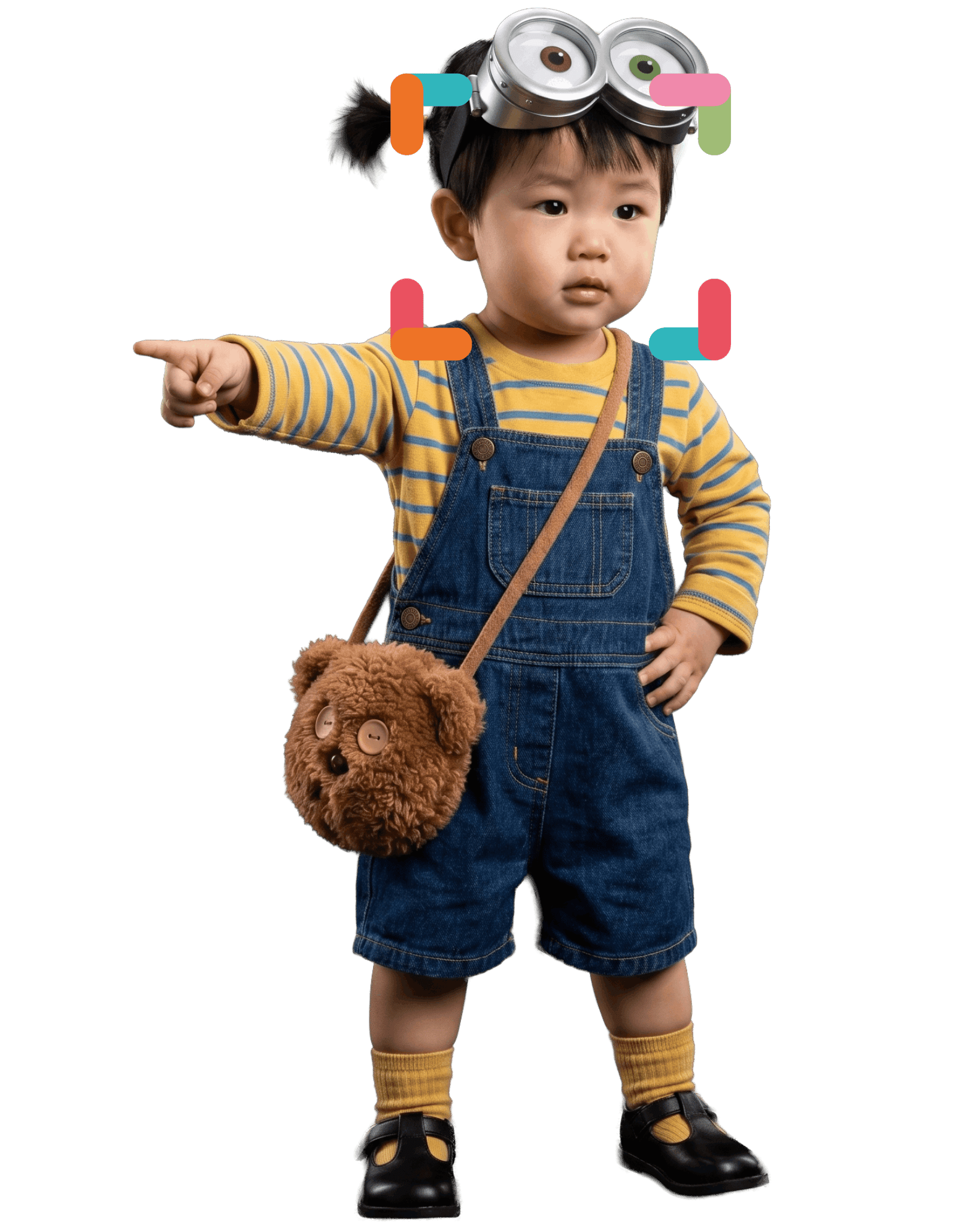 Bé 1-2 tuổi đeo kính bảo hộ, đang chỉ tay